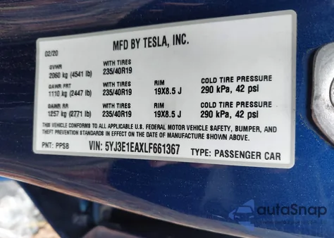 2020 Tesla Model 3 Standard Range Plus Rear-Wheel Drive/Standard Range Rear-Wheel Drive from USA, damaged, VIN 5YJ3E1EAXLF661367